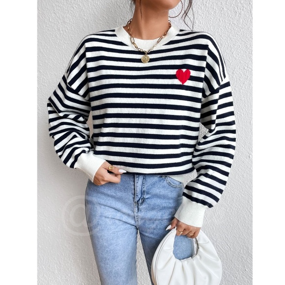 Striped Navy and White with Red Heart Pullover Knit Sweater Crewneck - Picture 4 of 9